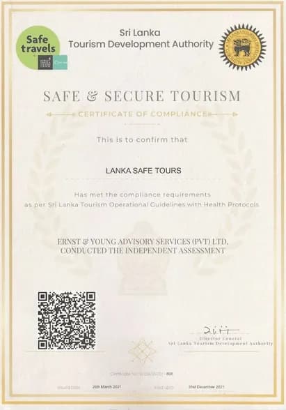 The Safe & Secure Tourism certificate of compliance issued to Lanka Safe Tours by the Sri Lanka Tourism Development Authority