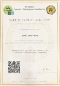 Sri Lanka Tourism Development Authority Safe & Secure Tourism certificate of compliance for Lanka Safe Tours