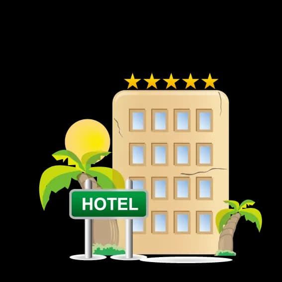 A five-star hotel building with a hotel sign and palm trees