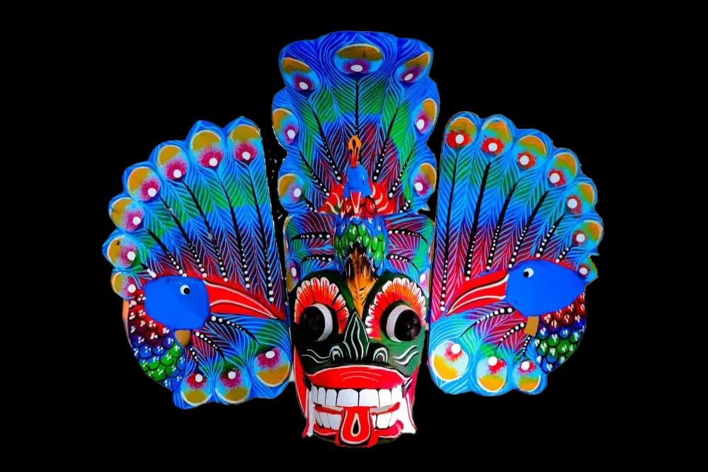 Colourful traditional Sri Lankan Mayura Raksha (peacock) mask