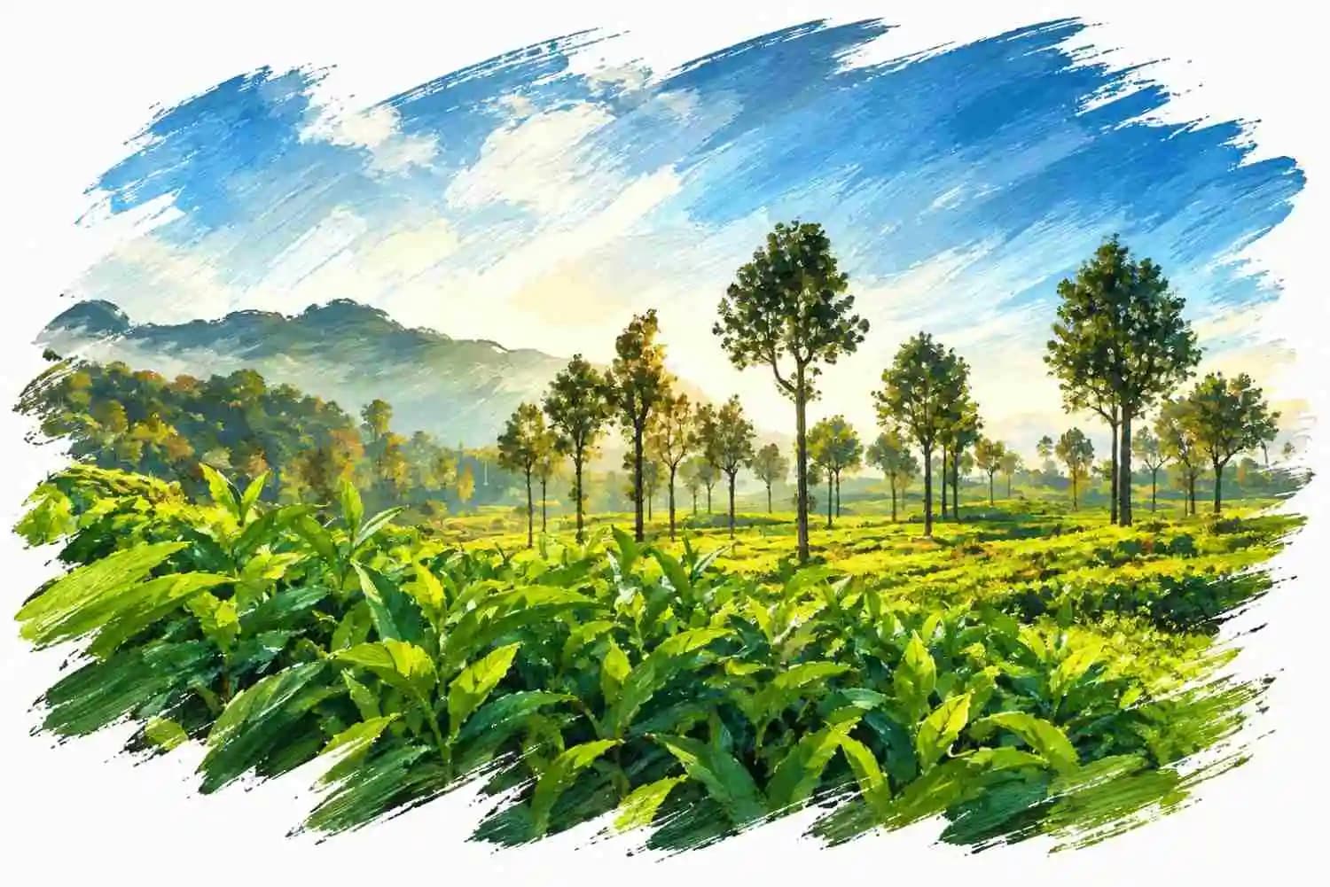 Tea fields and misty hills in Sri Lanka's hill country at sunrise