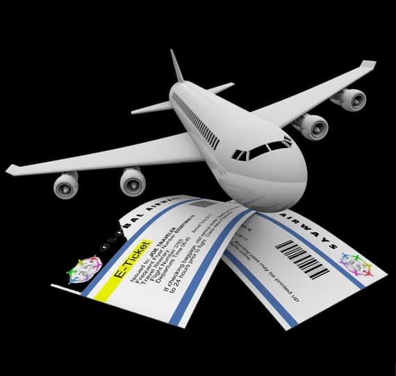 An airliner over two printed e-tickets