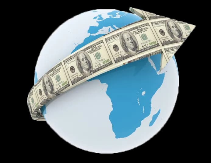 A globe circled by a band of banknotes