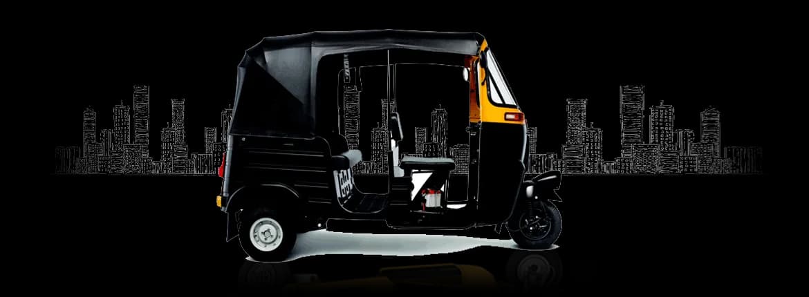 A black and yellow tuk tuk in front of a sketched city skyline