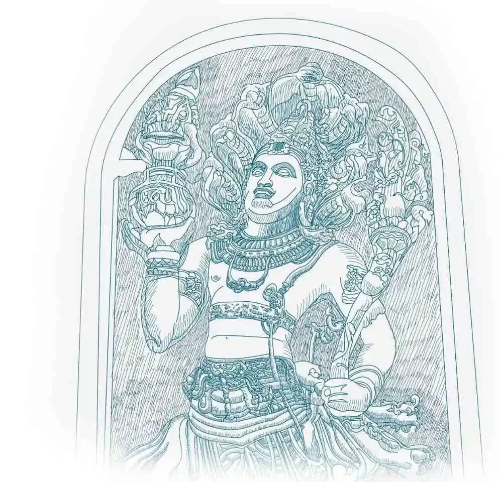 A line drawing of an ancient Sri Lankan guardstone: a naga king holding a vase of plenty