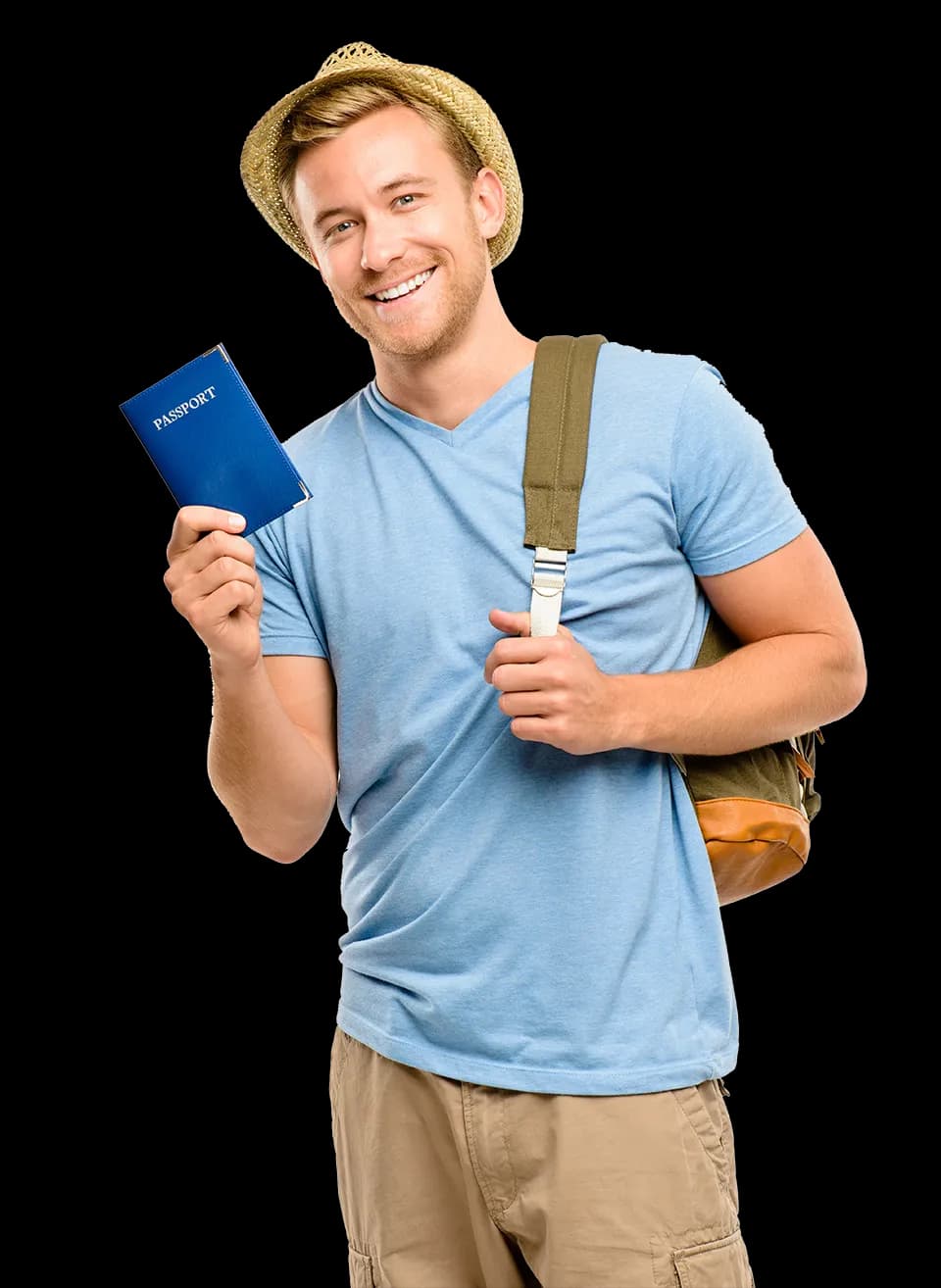 A smiling traveller in a straw hat holding up his passport