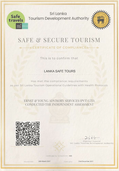 Lanka Safe Tours Certificate